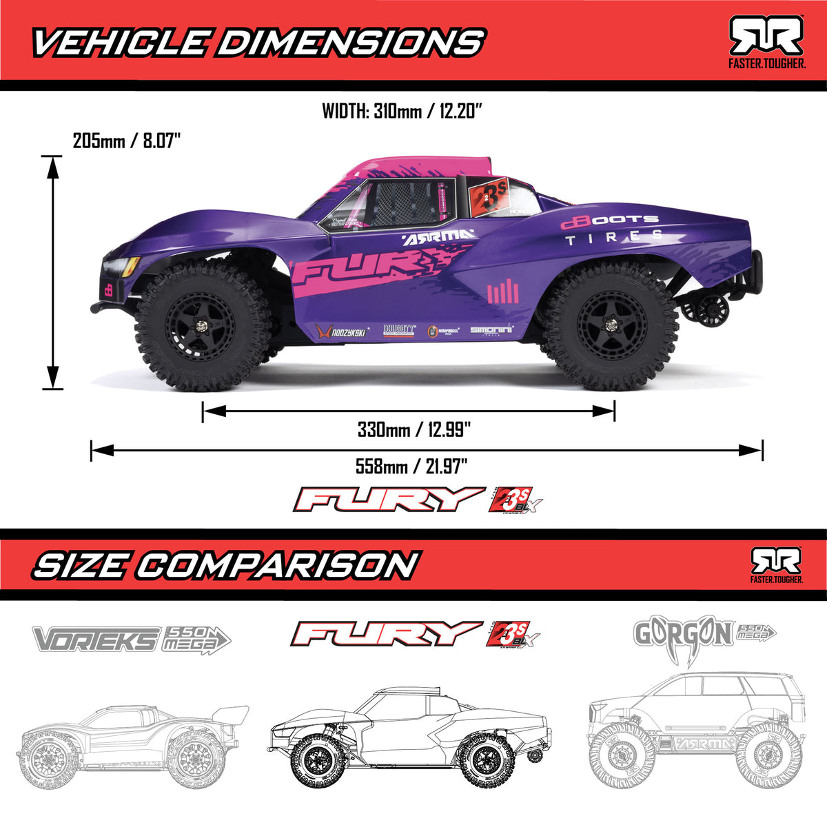ARRMA FURY 223S BLX vehicle dimensions and size comparison