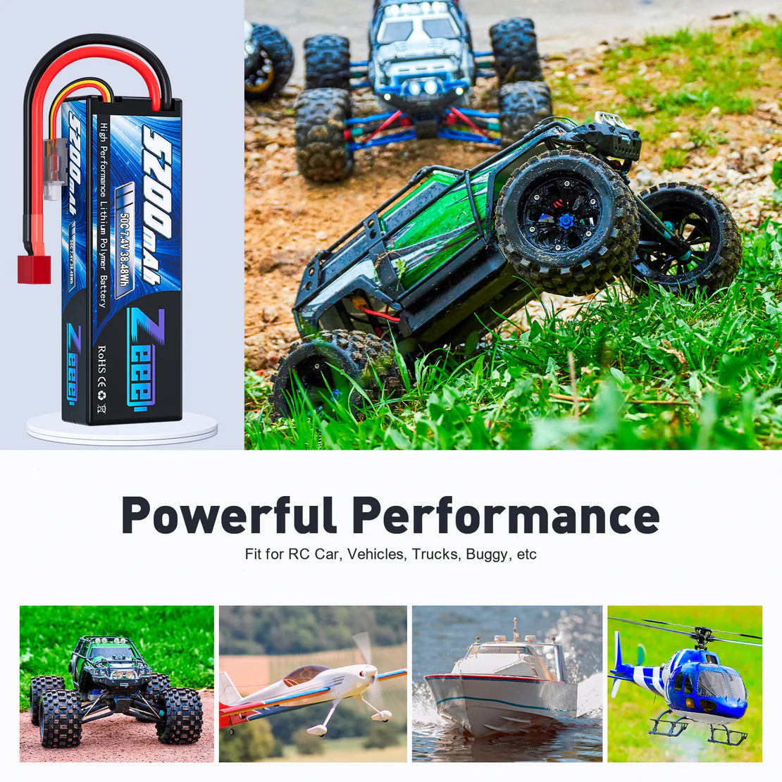 Zeee 2S Lipo Battery 5200mAh 7.4V 50C Hard Case with Deans T Plug for RC Models(1 Pack)