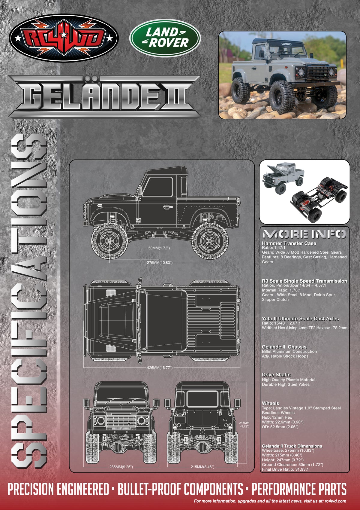 RC4WD Gelande II Defender D90 Grey drivetrain specifications