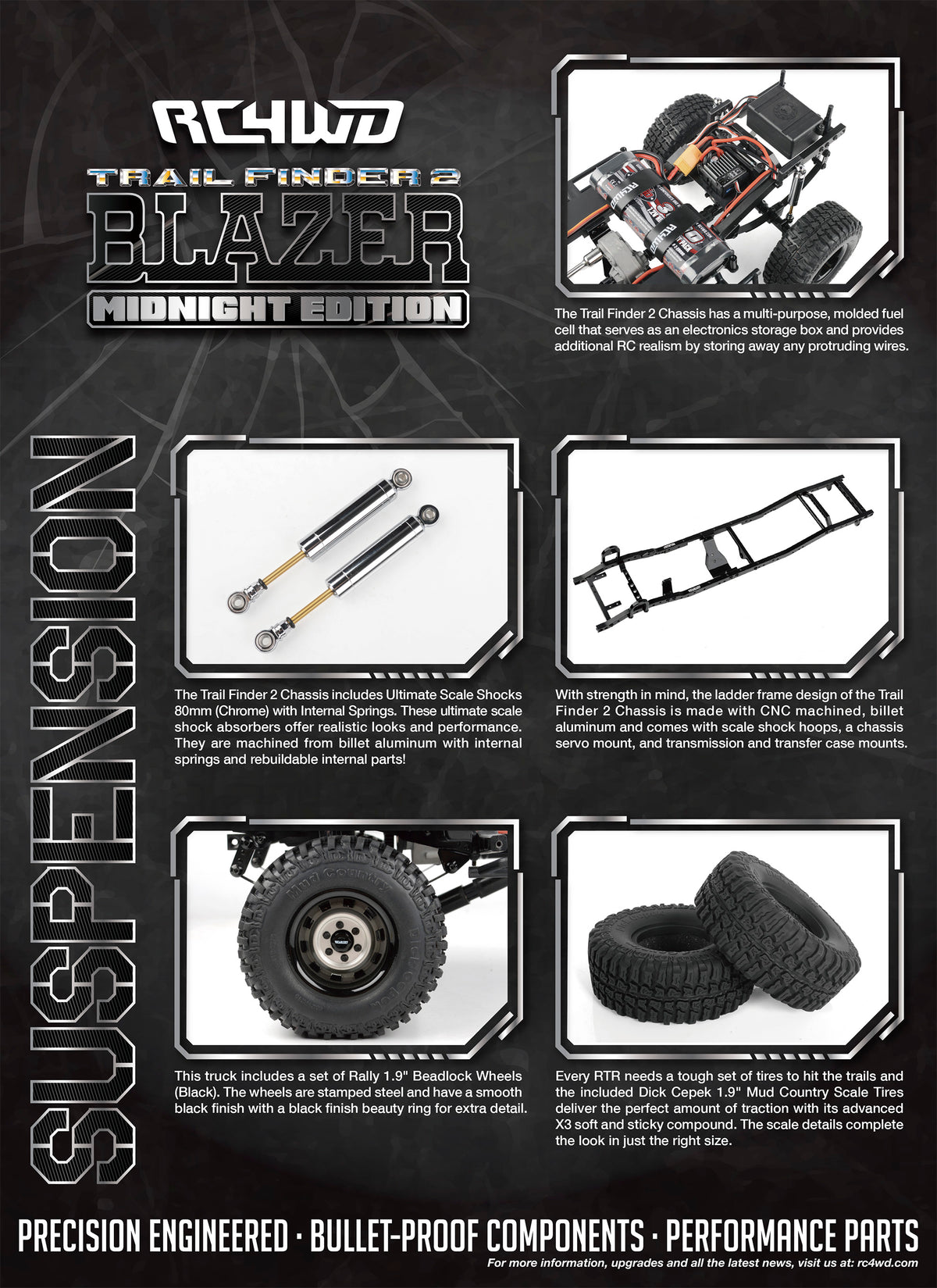 RC4WD Trail Finder 2 Blazer Midnight Edition suspension and wheel specifications