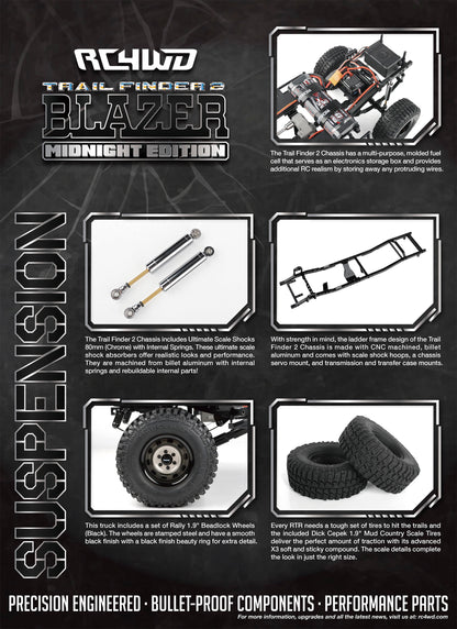 RC4WD Trail Finder 2 Blazer Midnight Edition suspension and wheel specifications