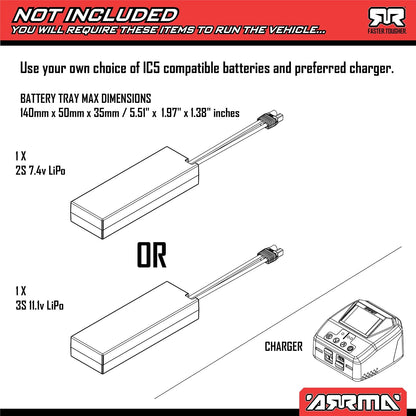ARRMA FURY 223S BLX compatible 2S and 3S LiPo battery requirements and battery tray dimensions