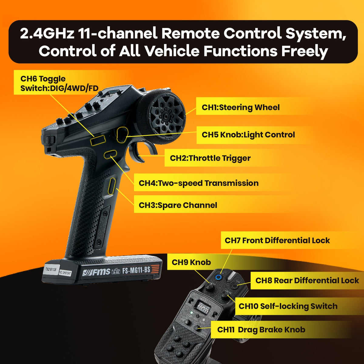 FMS FCX10 Chevrolet K5 Blazer 11-channel transmitter controls and functions