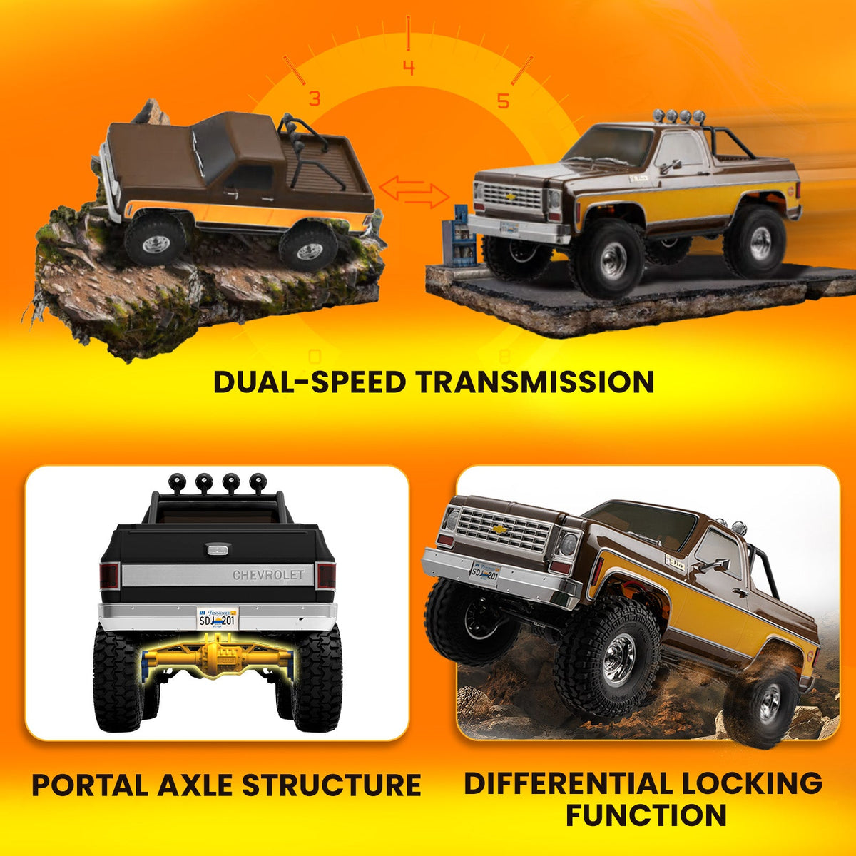 FMS FCX10 Chevrolet K5 Blazer two-speed transmission, portal axles and locking differential functions