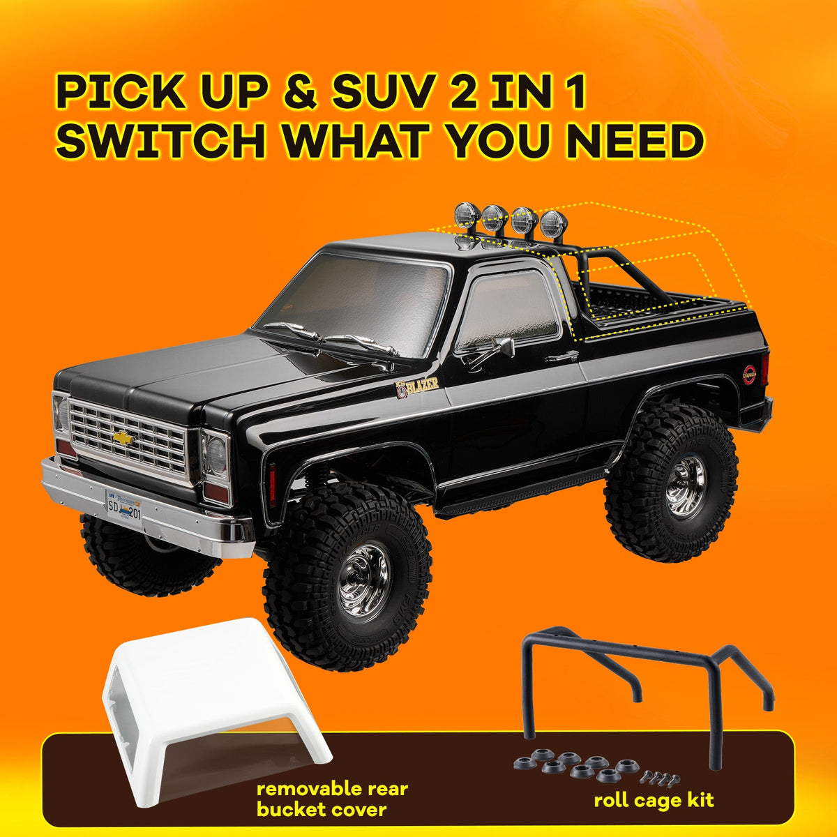FMS FCX10 Chevrolet K5 Blazer removable cover and roll cage for pickup or SUV configurations