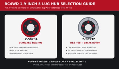 RC4WD 1.9-inch 5-lug hub selection guide comparing Z-S0734 and Z-S0532