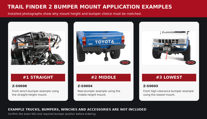 Trail Finder 2 bumper mount application examples; vehicles and accessories not included