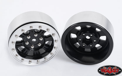 RC4WD Raceline Monster 2.2-inch Black and Silver beadlock wheels front and rear views