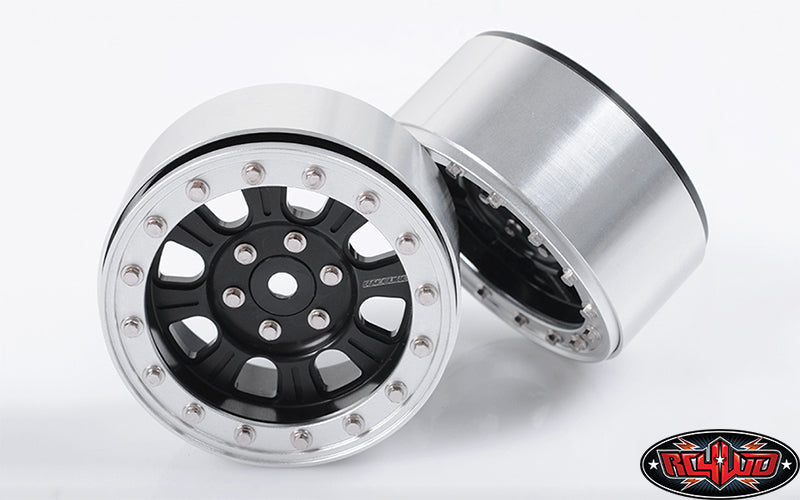 RC4WD Raceline Monster 2.2-inch Black and Silver beadlock wheels angled pair