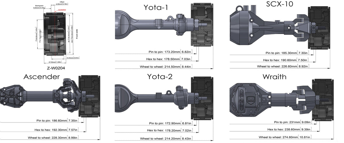 RC4WD Z-W0204 wheel dimensions and axle fitment diagram
