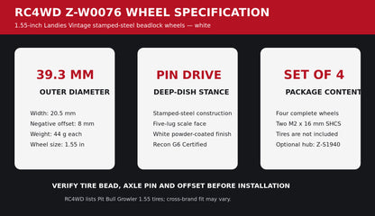 RC4WD Z-W0076 wheel dimensions, pin drive, offset and package-content guide