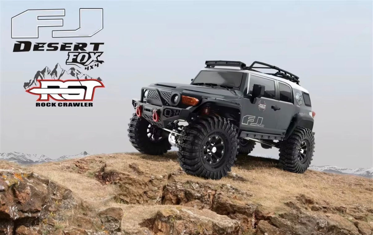 RGT EX86120 FJ Desert Fox black gray crawler on rocky trail