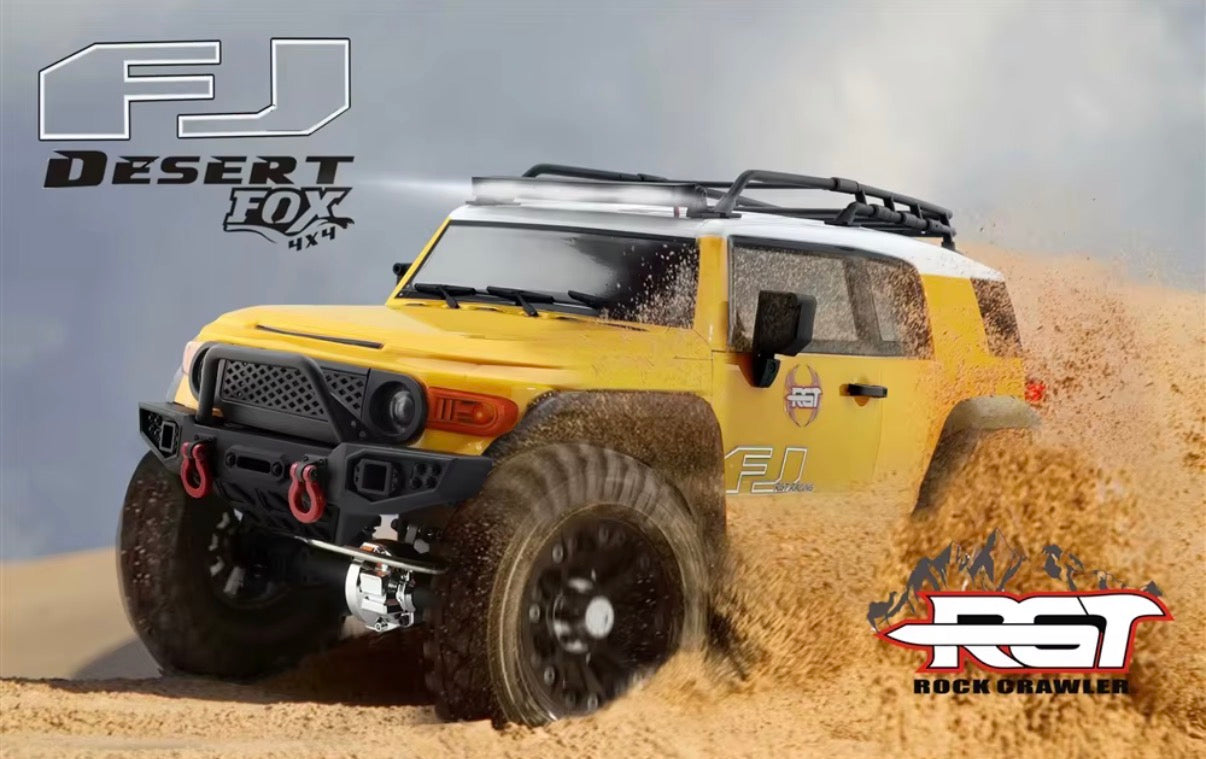 RGT EX86120 FJ Desert Fox yellow crawler driving through sand